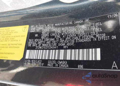 2007 Lexus Rx 350 from USA, damaged, VIN 2T2HK31U37C040441